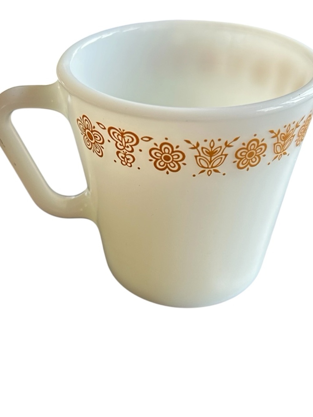 Vintage Pyrex Butterfly Gold 1410 Milk Glass Mug Brown Floral 300‎ ml USA